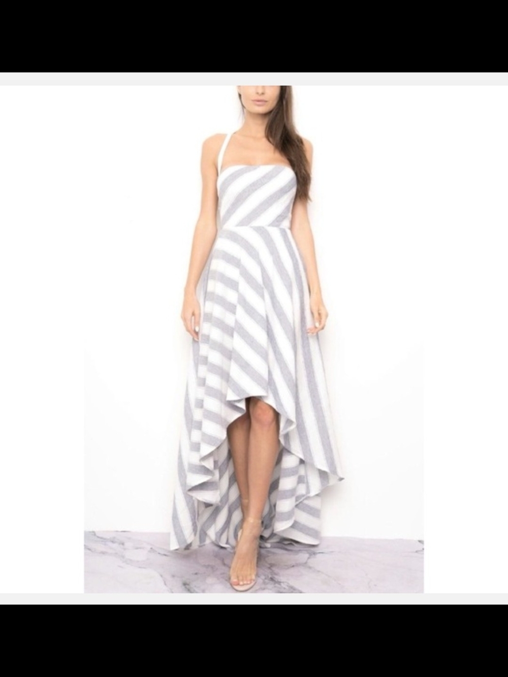 Striped High-Low Sundress in Light Gray and White